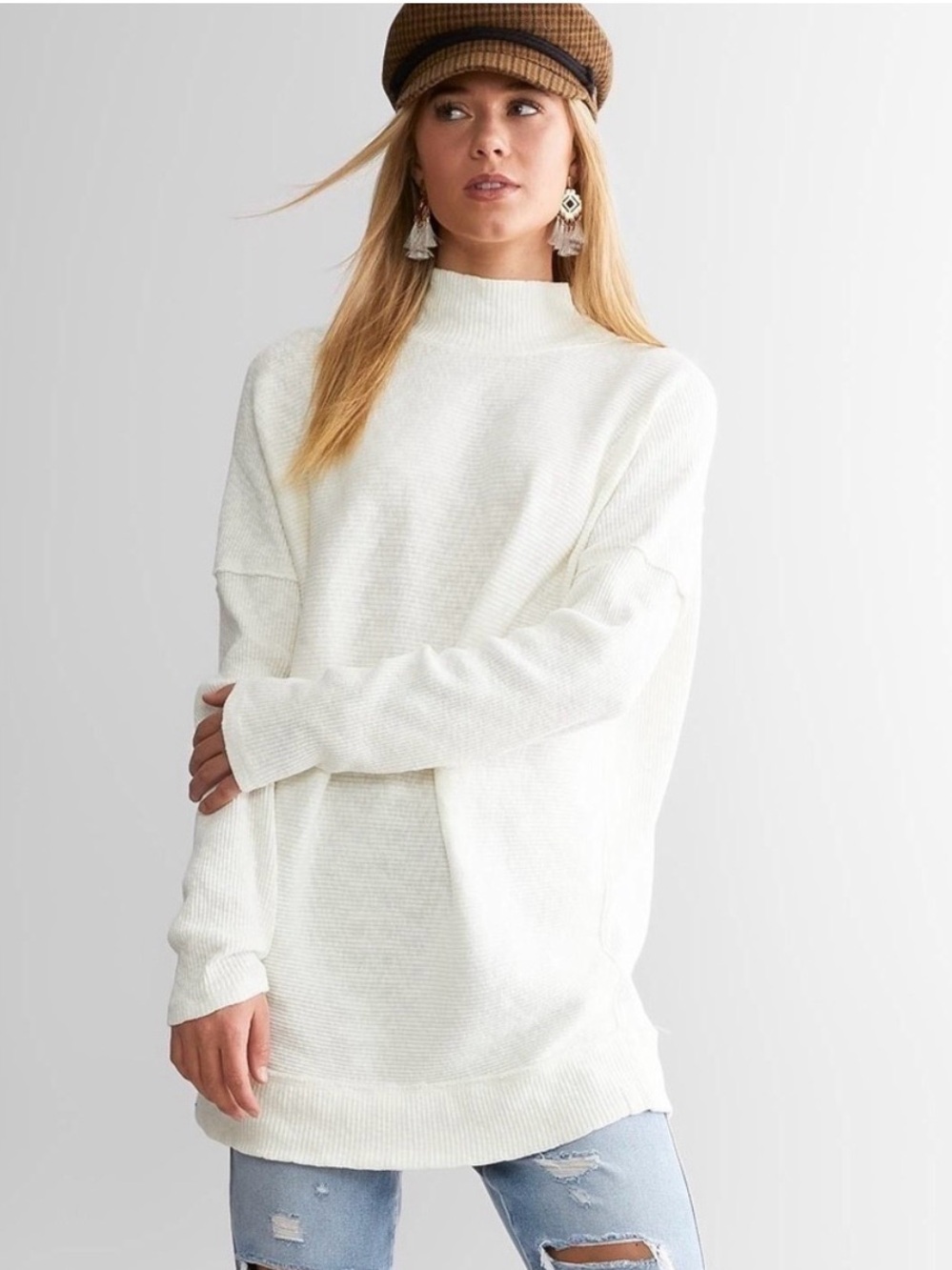 Free People Casey Tunic Cream Mock Neck Oversized Top Medium